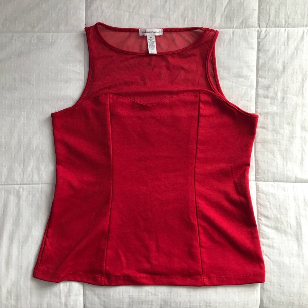 Red Sleeveless Tank with Mesh Sweetheart Neckline